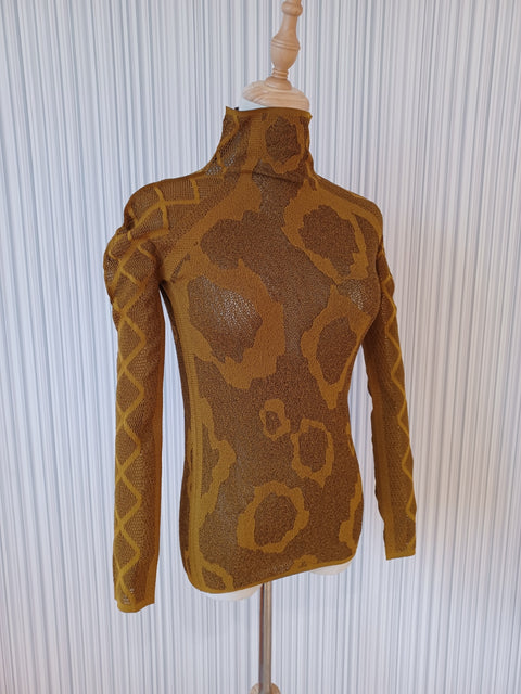 シームフリーニット 長袖ハイネック レオパード