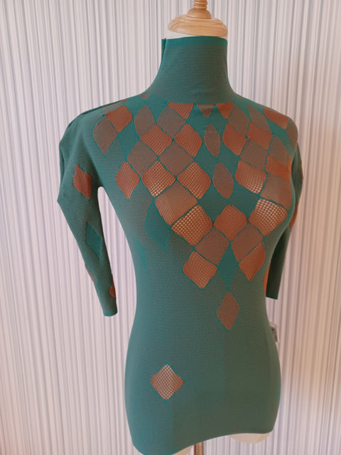 シームフリーニット 5分袖ハイネック アーガイル