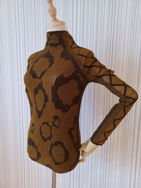 シームフリーニット 長袖ハイネック レオパード